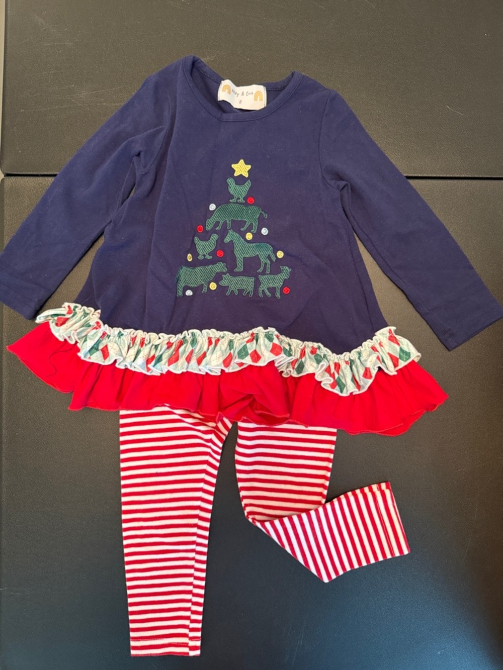 Holiday Navy and Red Toddler Girls' Matching Set with Tree Applique